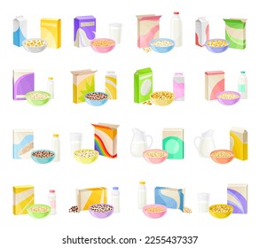 Bowl of Breakfast Cereal with Milk and Carton Package Big Vector Set