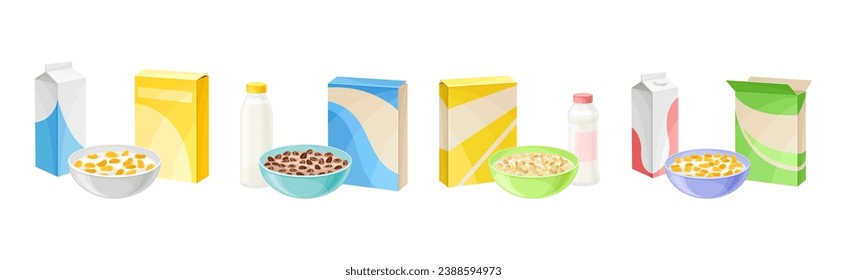 Bowl of Breakfast Cereal with Milk and Carton Package Vector Set