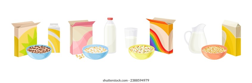 Bowl of Breakfast Cereal with Milk and Carton Package Vector Set