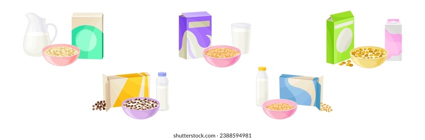 Bowl of Breakfast Cereal with Milk and Carton Package Vector Set