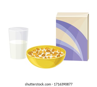 Bowl of Breakfast Cereal with Milk and Glass Rested Nearby Vector Illustration