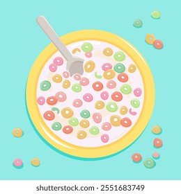 Bowl of breakfast cereal ring cornflakes in different flavors and colors. Cereal breakfast bowl, cornflakes with milk. Top view. Vector illustration