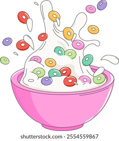 Bowl of breakfast cereal ring cornflakes in different flavors and colors. Cereal breakfast bowl, cornflakes with milk spilling on the table. Milk splashes, cartoon style. Vector illustration