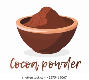 Bowl brimming with rich cocoa powder, a staple culinary ingredient. Vector icon of a brown ceramic bowl filled to the top with finely ground cocoa granules. Texture of the powder, deep earthy tones