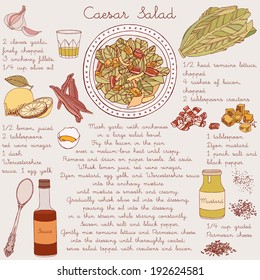 Bowl of caesar salad. Recipe card.