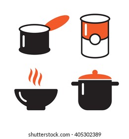 Bowl, can and pot black icons set. Soup symbols. Pot icon utensil bowl utensil, cook soup