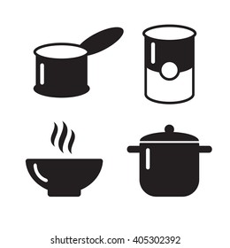 Bowl, can and pot black icons set. Soup symbols. Pot icon utensil bowl utensil, cook soup