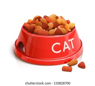 bowl with cat feed vector illustration isolated on white background EPS10. Transparent objects and opacity masks used for shadows and lights drawing