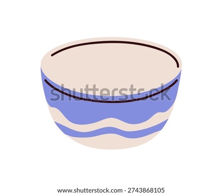 Bowl, ceramic dish. Empty dishware with pattern. Modern round dinnerware, dining tableware for serving food. Kitchen ware. Flat vector illustration isolated on white background