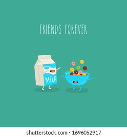 bowl cereal carton milk friends forever. Vector graphics.