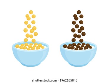 Bowl of cereal and chocolate milk vector breakfast. Cartoon oats. Different sweet flavors. Falling cornflakes isolated on white background. Healthy food for kids illustration