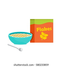 Bowl of cereal, corn flakes with milk flat vector illustration. Cereal box. 