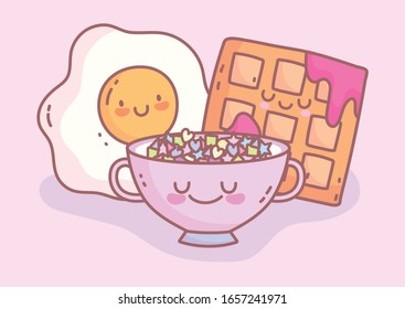 bowl cereal fried egg and waffle with jam menu restaurant cartoon food cute vector illustration