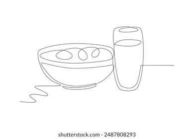 Un tazón de cereal y un vaso de leche. Concepto de comida y bebida dibujo de una línea