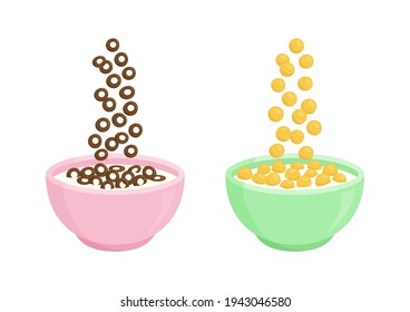 Bowl of cereal milk and chocolate vector breakfast. Rolled oats. Different sweet flavors. Falling cornflakes, isolated on white background. Healthy food for kids illustration