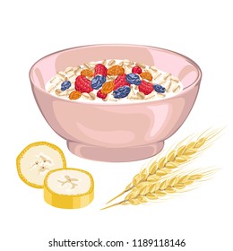 Bowl with cereal milk porridge with berries, raisins, banana slices and wheat ears isolated on white background. Vector illustration of a healthy breakfast in a cartoon flat style.