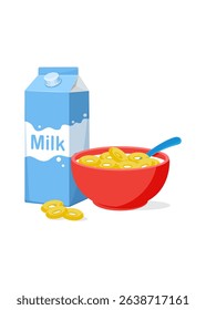 Bowl of cereal and milk. Cereal ring cornflakes product. Vector illustration stock Illustration