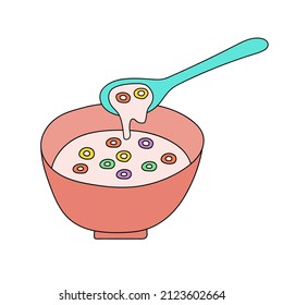 Bowl of cereal with spoon. Breakfast food concept. Vector illustration