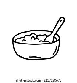 A bowl of cereal. Tasty breakfast. Healthy food. Doodle. Vector illustration. Drawn by hand. Outline.