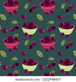 A bowl of cherries with a pattern of cherries on a green background. Seamless pattern.