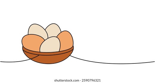 Bowl of chicken eggs one line colored continuous drawing. Organic farm product. Vector illustration