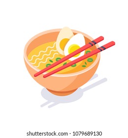 Bowl of chicken noodle soup and chopsticks. Asian fast food. Asian, Chinese, Japanese ramen in bowl and couple of chopsticks, isometric vector illustration isolated on white background. 