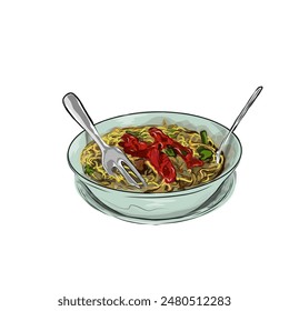 a bowl of chicken noodles with no background