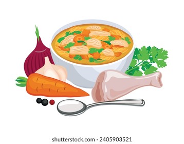 Bowl of chicken soup with fusilli pasta and vegetables vector illustration. Chicken noodle soup with vegetables, raw chicken leg and spices still life icon vector isolated on a white background