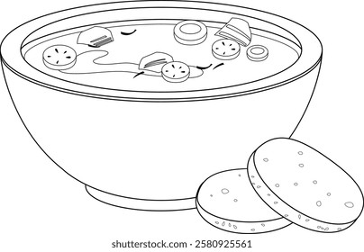 Bowl of chicken soup. Homemade soup with vegetables, chicken soup with sliced bread. Vector black and white coloring page.