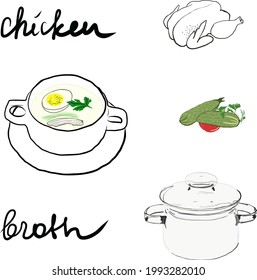 Bowl with chicken soup vector illustration on white background. Illustration with elements of dinner and hand drawn text