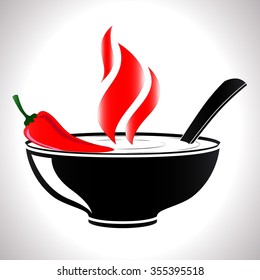 Bowl Chili Pepper Flames Burning Soup Logo Emblem Vector Illustration