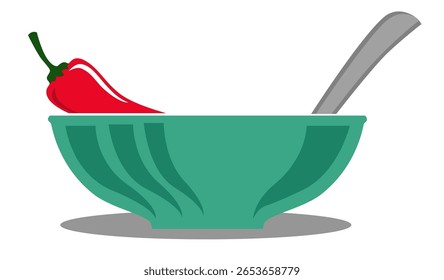 Tigela com pimenta chili no meio do caminho e uma colher de cauda é visível. Cozinha de pratos picantes e cozinha internacional. O chili pode representar variedades como jalapeno, habanero, caiena ou chili tailandês.