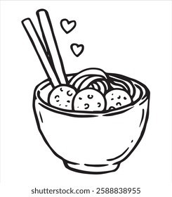 bowl of Chinese noodles and chopsticks, with soy sauce and chopsticks. vector doodle illustration.
