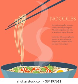 Bowl of Chinese noodles with shrimps, eggs and parsley. Chopsticks hovering above. Wan mian. South East Asian cuisine. Design template with place for your text.