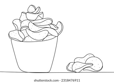 Un tazón de patatas fritas. Patata crujiente. Día nacional de la comida basura. Un dibujo de línea para diferentes usos. Ilustración vectorial.