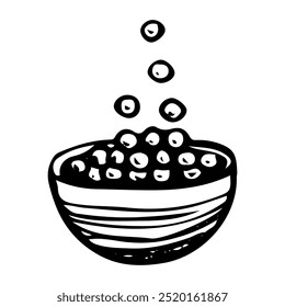Tigela de bolas de chocolate para café da manhã mão desenhado rabiscar. Comida matinal para crianças e adultos. Placa profunda. Utensílios de cozinha. Ilustração da arte da linha de esboço do vetor.