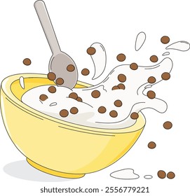 Bowl of chocolate breakfast cereal and milk spilling on the table. Cereal ring cornflakes and milk splashes, cartoon style. Vector illustration