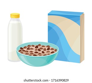 Bowl of Chocolate Crispy Cereal or Muesli with Bottle of Milk Rested Nearby Vector Composition