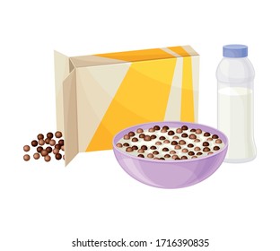 Bowl of Chocolate Crispy Cereal or Muesli with Bottle of Milk Rested Nearby Vector Composition