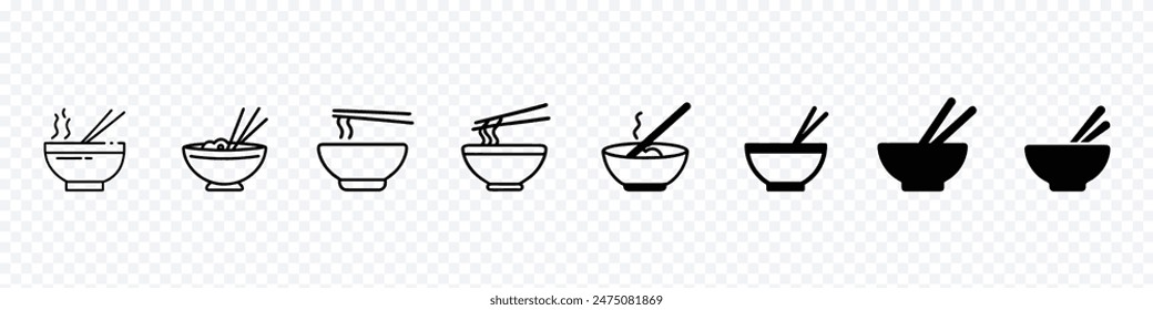 bowl and chopstick vector icon set. Rice bowl food restaurant icon, Soup cup icon set. hot curry bowls vector symbol. Noodles icon with chopsticks, bowl of noodle or soup with chopstick 