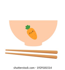 Bowl with chopsticks and carrot on white background vector illustration. Cute cartoon character.