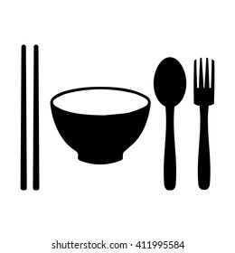 bowl, chopsticks, fork and spoon