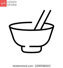Bowl chopsticks line icon. Japanese asian food, oriental dish. Simple pictogram outline Logo for restaurant web mobile app. Editable stroke Vector illustration Design on white background EPS 10