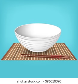 bowl with chopsticks on a bamboo mat, vector illustration