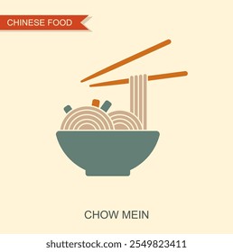 Bowl of chow mein noodles with chopsticks. Vector flat Illustration