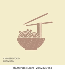 Bowl of chow mein noodles with chopsticks. Vector flat Illustration