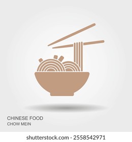 Bowl of chow mein noodles with chopsticks. Vector flat Illustration with shadow