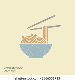 Bowl of chow mein noodles with chopsticks. Flat vector icon in retro style