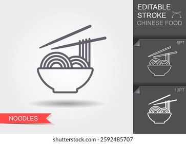 Bowl of chow mein noodles with chopsticks. Vector flat Illustration with long shadow