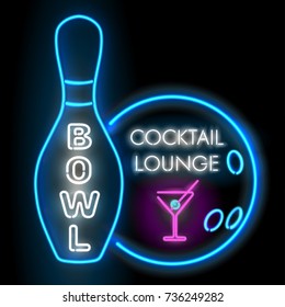 Bowl And Cocktail Lounge Neon Sigh. Vector Clip Art Illustration.